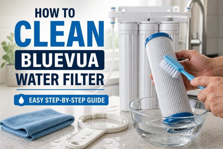How to clean Bluevua water filter by rinsing and washing filter cartridges in a modern kitchen setup