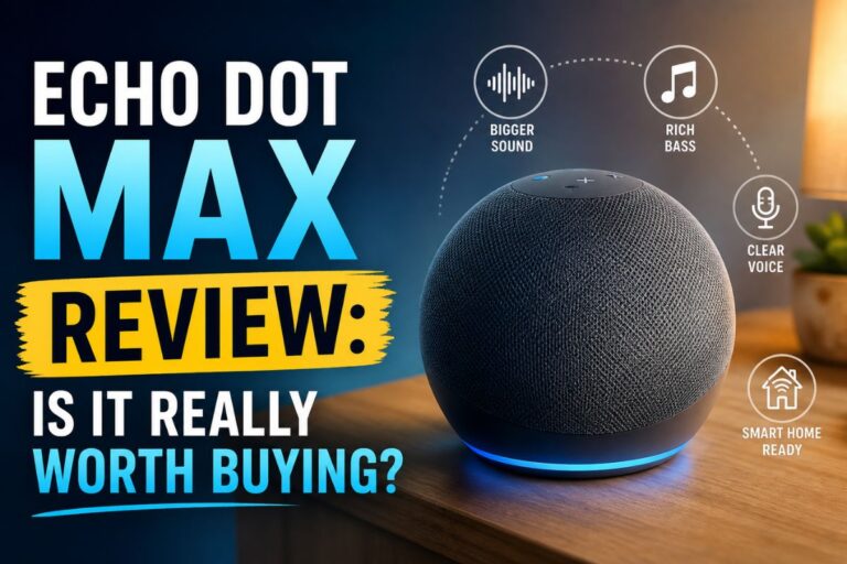 Smart speaker review thumbnail with glowing compact speaker, bold “Max Review” text, and icons for sound, voice, and smart home features.