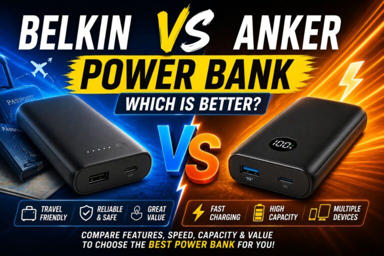 Comparison feature image showing two black power banks in a split blue and orange background with bold “Power Bank” and “Which Is Better?” text for a portable charger comparison guide.