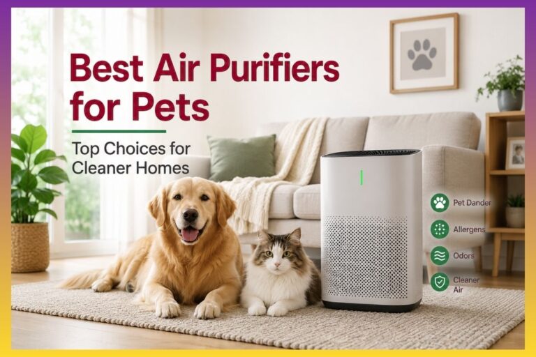 Best Air Purifiers for Pets feature image showing a modern air purifier in a stylish living room with a dog and cat nearby, highlighting cleaner indoor air, reduced pet dander, allergen control, and odor removal for pet-friendly homes.