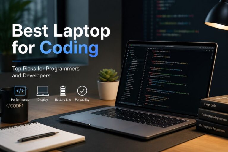 Best laptop for coding feature image showing a modern programmer workspace with a coding laptop, clean desk setup, and developer-friendly background for programmers and developers.