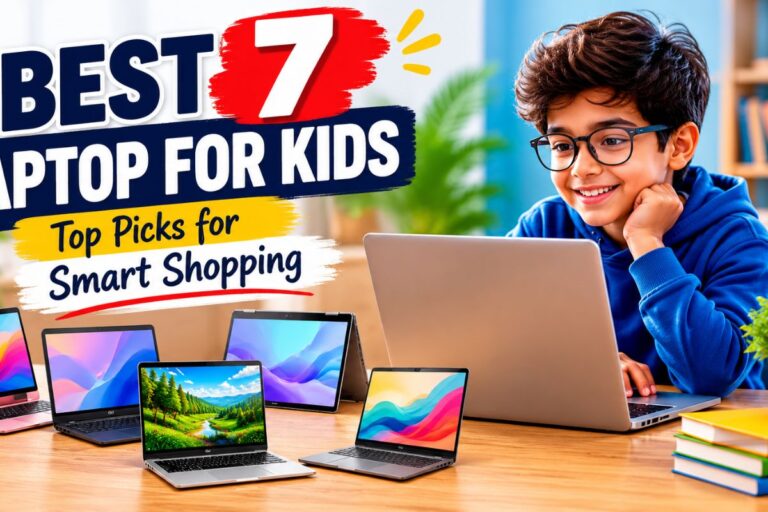 Colorful feature image showing a smiling child using a laptop with multiple modern laptops on a desk and bold text reading “Best Laptop for Kids: Top Picks for Smart Shopping” in a bright study room setting.