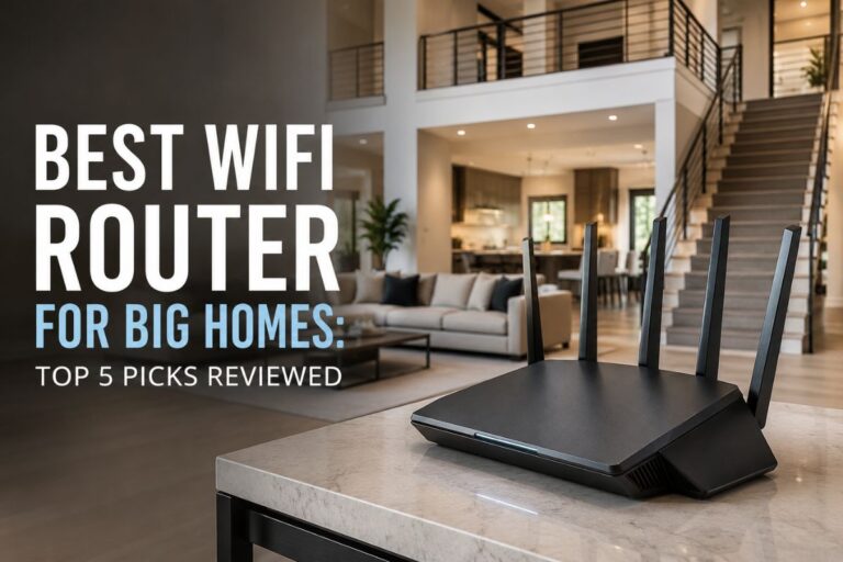 Modern WiFi router setup in a large luxury home interior with bold text “Best WiFi Router for Big Homes: Top 5 Picks Reviewed” displayed on the left side.