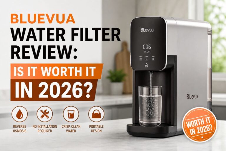 Bluevua countertop reverse osmosis water filter review showing portable no-install water purifier in a modern kitchen (2026)