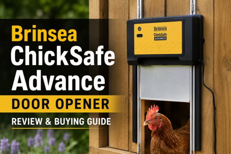 Brinsea ChickSafe Advance automatic chicken coop door opener mounted on a wooden coop with a hen standing in the doorway, featuring bold review and buying guide text on a clean outdoor background.