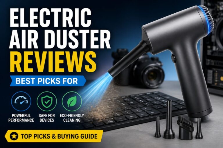 Electric air duster blowing dust off a computer keyboard with cleaning accessories on a modern tech workspace background.
