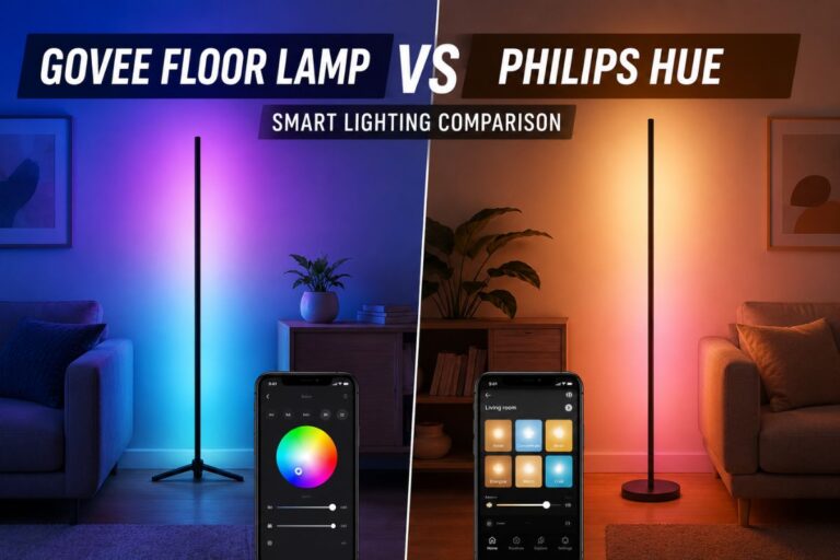 Govee Floor Lamp vs Philips Hue smart lighting comparison showing colorful modern LED floor lamps in a stylish living room with mobile app controls and ambient lighting effects.