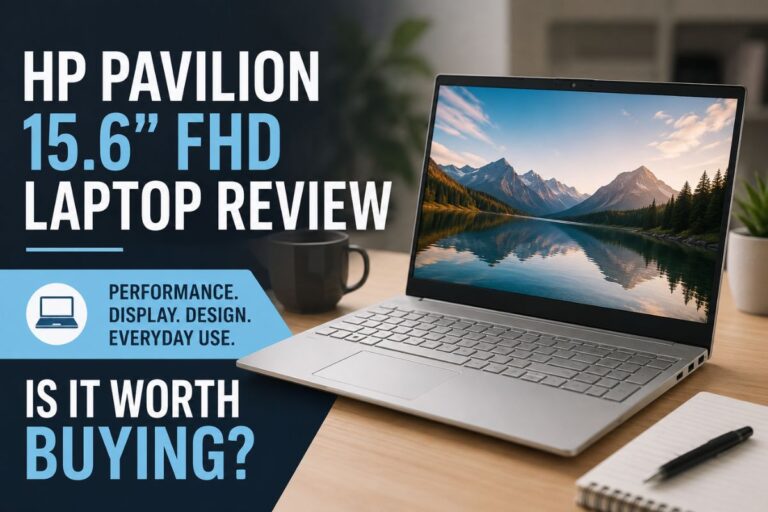 HP Pavilion 15.6 FHD Laptop review feature image showing a sleek silver laptop on a modern desk setup with a vibrant full HD display, designed for performance, productivity, and everyday use.