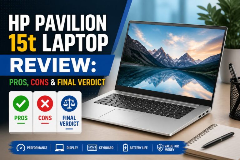 Modern 15-inch slim laptop on a clean desk showing a scenic mountain wallpaper, with bold text highlighting laptop review, pros, cons, and final verdict in a colorful, eye-catching layout.