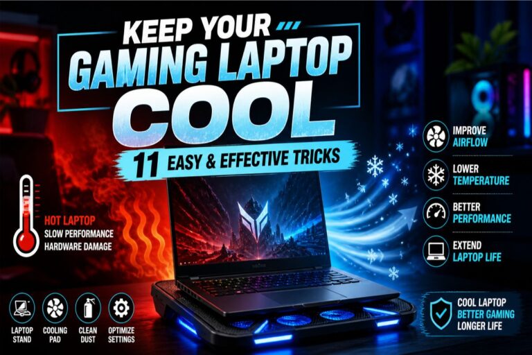 Gaming laptop cooling tips showing heat vs cool airflow with fan and cooling pad illustration