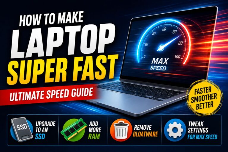 High-contrast feature image showing a glowing laptop with a speedometer at max speed, bold text “How to Make Laptop Super Fast,” and icons for SSD upgrade, RAM boost, removing bloatware, and performance settings optimization.