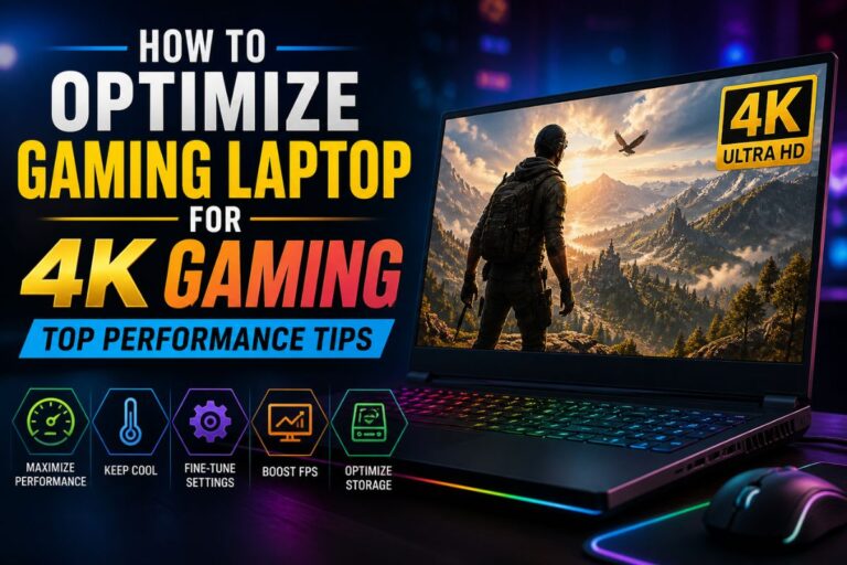 Gaming laptop displaying a high-resolution fantasy game with performance optimization tips for smooth 4K gaming and higher FPS.