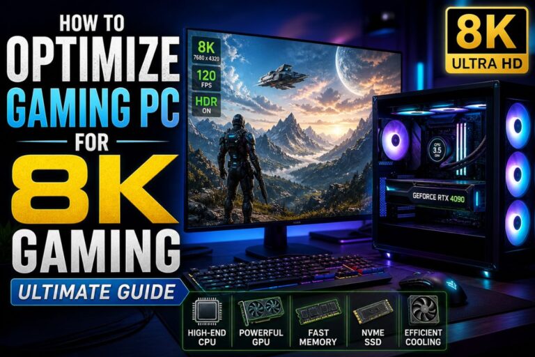 8K gaming PC optimization setup with RGB desktop computer, high-end GPU, fast SSD storage, cooling system, and 8K monitor display.
