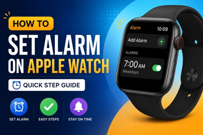 Smartwatch displaying an alarm setup interface with bold “Set Alarm On Apple Watch” tutorial text, vibrant blue background, and clean step-by-step icons for a modern tech guide feature image.