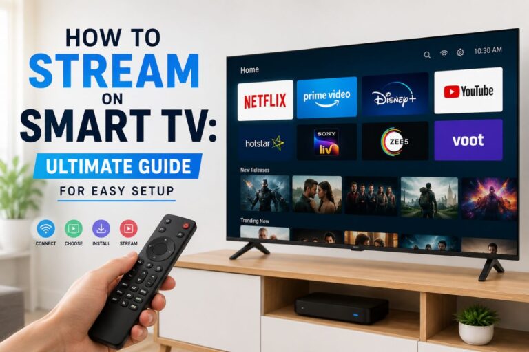 Modern smart TV streaming setup showing popular streaming apps on a large television screen with a remote control and bold text reading “How to Stream on Smart TV: Ultimate Guide for Easy Setup”.