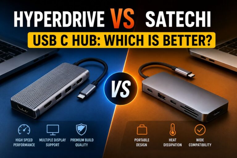 HyperDrive vs Satechi USB-C hub comparison feature image showing two premium multiport USB-C adapters with performance and portability highlights.