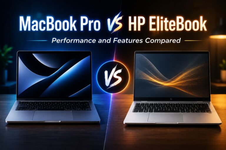 MacBook Pro vs HP EliteBook comparison feature image showing two premium laptops side by side with stylish glowing text and a modern VS design background.