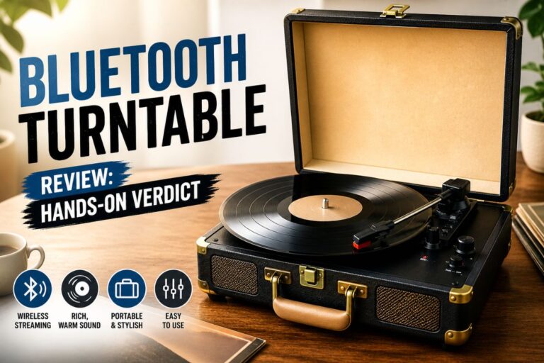Vintage-style Bluetooth turntable playing a vinyl record on a wooden desk with warm lighting and review-style text overlay.