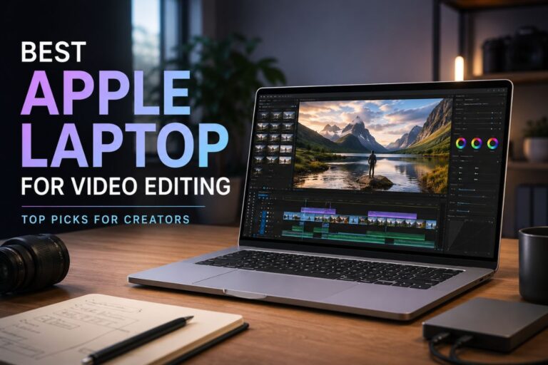 Best Apple laptop for video editing setup with a high-performance laptop displaying professional video editing software, cinematic workspace, and creator accessories on a modern desk.