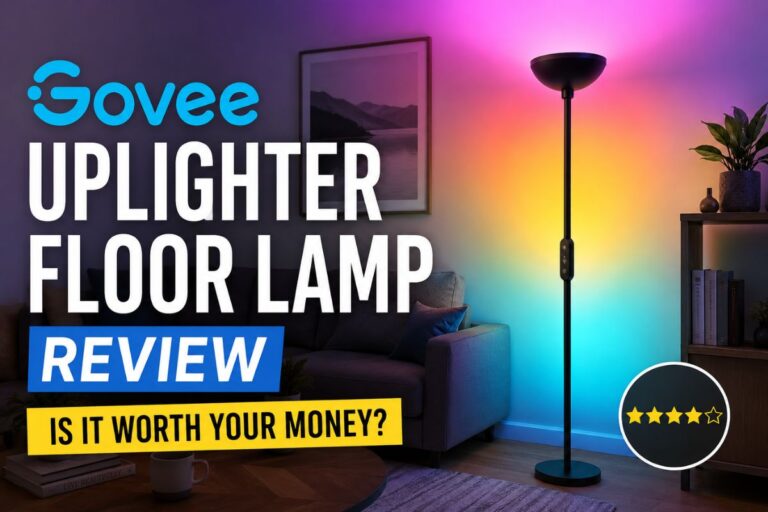 Govee Uplighter Floor Lamp Review feature image showing a modern living room with a smart RGB floor lamp casting colorful ambient lighting on the wall, alongside a cozy sofa and contemporary home décor.