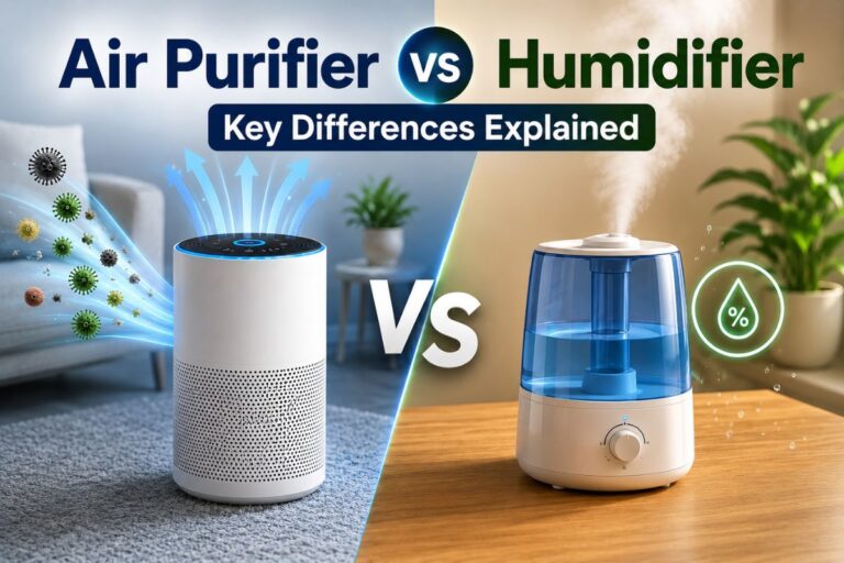 Air Purifier vs Humidifier comparison feature image showing a modern 3D air purifier cleaning airborne particles and a humidifier releasing cool mist in a home environment, highlighting the key differences between the two devices.