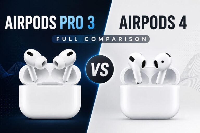 AirPods Pro 3 vs AirPods 4 comparison feature image showcasing two premium wireless earbuds with charging cases in a sleek split-screen design, highlighting key differences in style, fit, and features for an in-depth comparison guide.