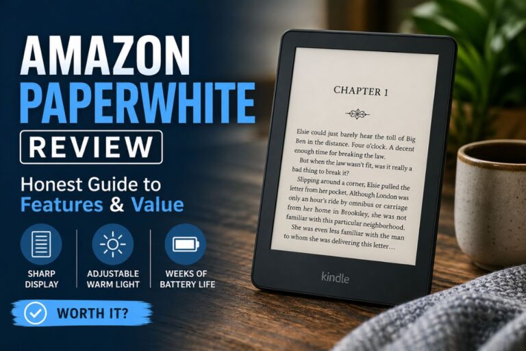 Amazon Paperwhite Review feature image showing a modern e-reader on a wooden table with a cozy background, highlighting reading features, display quality, adjustable warm light, and long battery life in a professional tech review design.