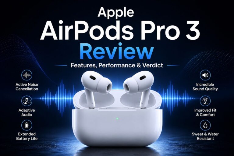Apple AirPods Pro 3 Review feature image showcasing premium wireless earbuds with modern design, performance highlights, and advanced audio features.
