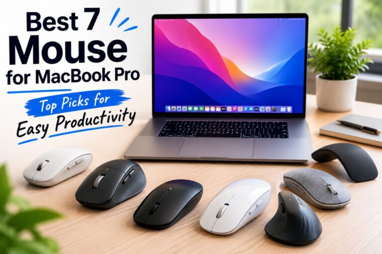 Best 7 mouse for MacBook Pro displayed on a modern desk setup with a sleek laptop and multiple wireless mice, highlighting top productivity-focused options in a clean and professional workspace.