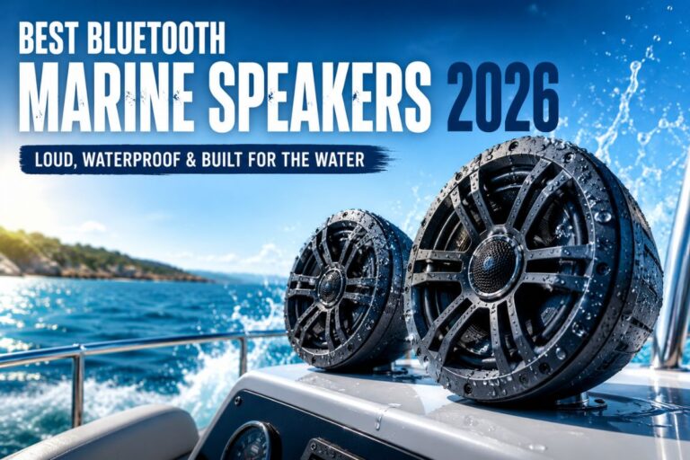 Best Bluetooth Marine Speakers 2026 mounted on a boat with waterproof design, powerful audio performance, and ocean background.