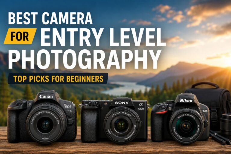 Best Camera for Entry Level Photography feature image showing beginner-friendly DSLR and mirrorless cameras on a wooden table with a scenic mountain sunset background, highlighting top picks for beginner photographers.