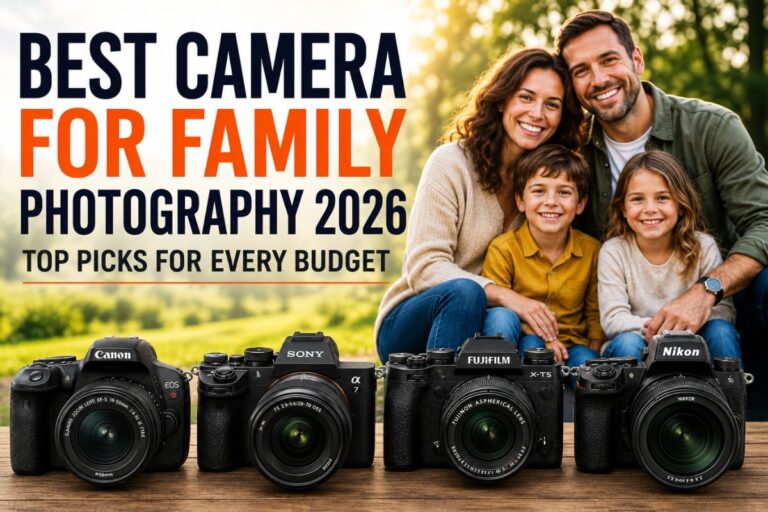 Best Camera for Family Photography 2026 featuring top camera picks for every budget with a happy family portrait and modern digital cameras displayed outdoors.