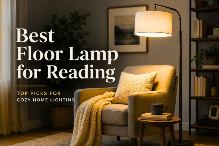 Best floor lamp for reading in a cozy living room, featuring a modern illuminated floor lamp beside a comfortable armchair, warm ambient lighting, soft neutral décor, bookshelves, and a relaxing home reading nook.