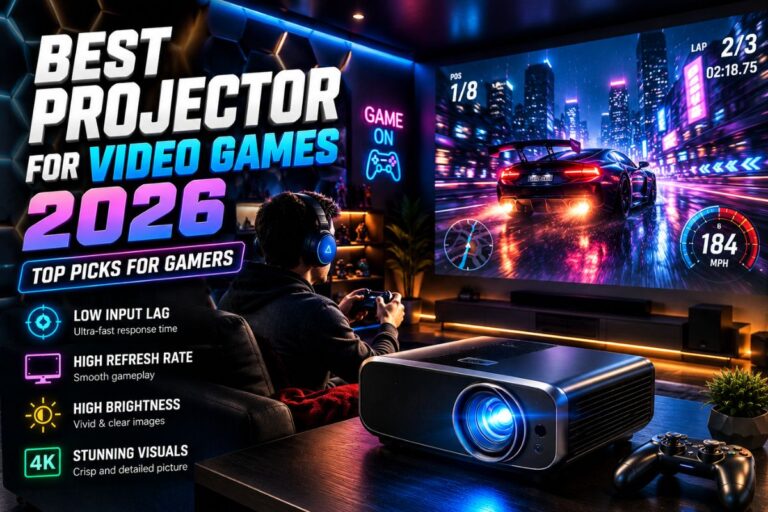 Best Projector for Video Games 2026 feature image showing a high-performance gaming projector in a modern RGB-lit gaming room with a large racing game screen, gamer setup, 4K visuals, low input lag, and immersive home theater atmosphere.
