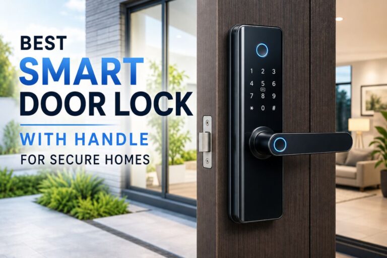 Best smart door lock with handle installed on a modern wooden door, featuring a sleek touchscreen keypad and contemporary home entrance background for enhanced home security.