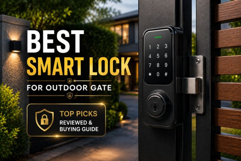 Best Smart Lock for Outdoor Gate feature image showing a modern weatherproof smart lock installed on a residential outdoor gate with keyless entry.