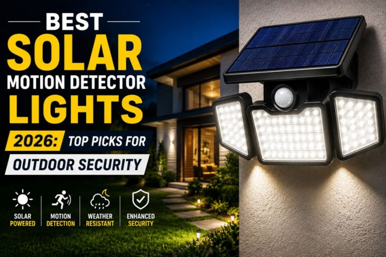 Best Solar Motion Detector Lights 2026 feature image showing modern solar-powered outdoor security lights installed on a house exterior at night.