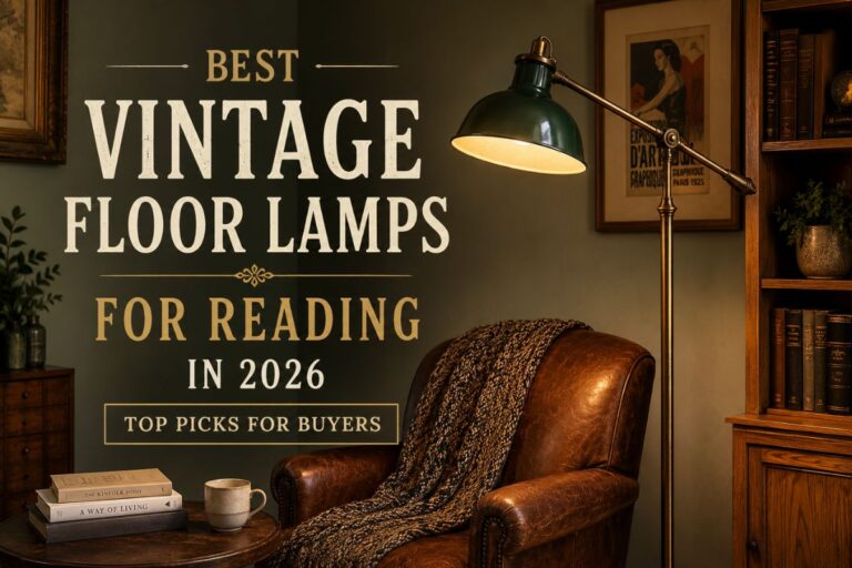 Best Vintage Floor Lamps for Reading displayed in a cozy reading nook featuring a classic leather armchair, warm lighting, and elegant vintage décor.
