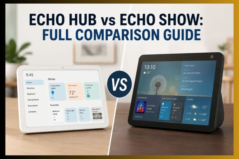 Echo Hub vs Echo Show comparison featuring two smart display devices side by side on a modern desk, highlighting design, screen interface, smart home controls, entertainment features, and overall functionality differences.