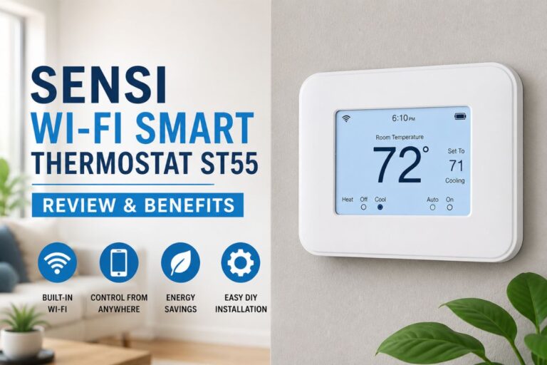 Emerson Sensi Wi-Fi Smart Thermostat ST55 review feature image showing a modern smart thermostat mounted on a wall with a digital temperature display, Wi-Fi connectivity icons, energy-saving features, remote control functionality, and a clean smart home interior background.