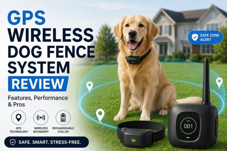 GPS Wireless Dog Fence System Review showing a dog wearing a rechargeable GPS collar with a wireless boundary setup in a backyard for safe pet containment.