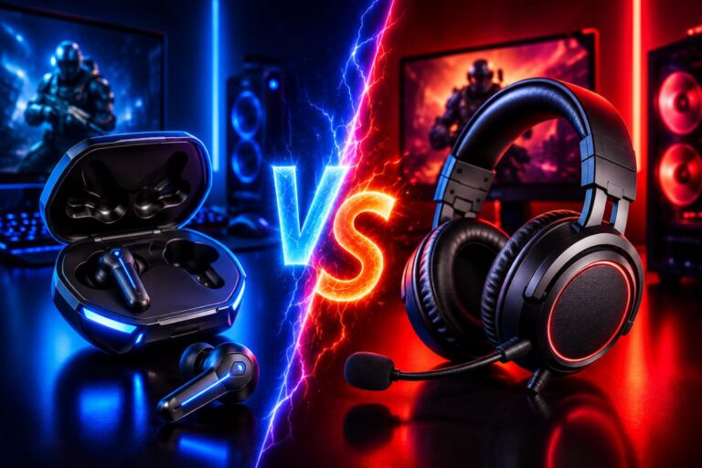 Gaming Earbuds vs Headset comparison featuring premium wireless gaming earbuds and an over-ear gaming headset in a modern RGB gaming setup with dramatic blue and red lighting.