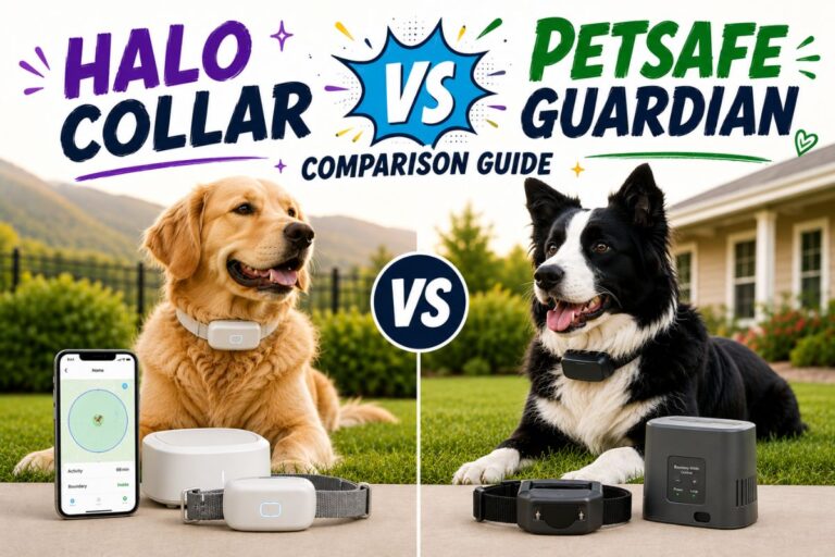 Colorful Halo Collar vs PetSafe Guardian comparison feature image showing two dogs wearing smart GPS fence collars side by side, with stylish typography, a bold VS graphic, and companion devices displayed in a bright outdoor backyard setting.