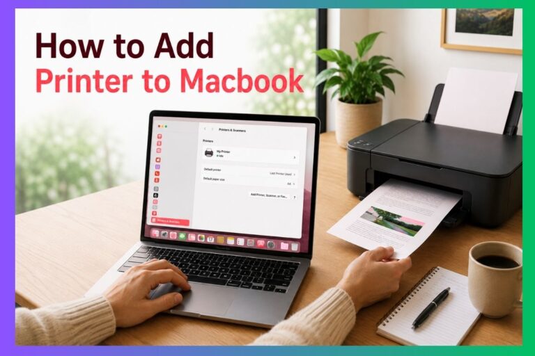 How to Add Printer to Macbook tutorial showing a MacBook connected to a wireless printer in a modern home office workspace with a printed document, clean desk setup, and easy printer configuration process.