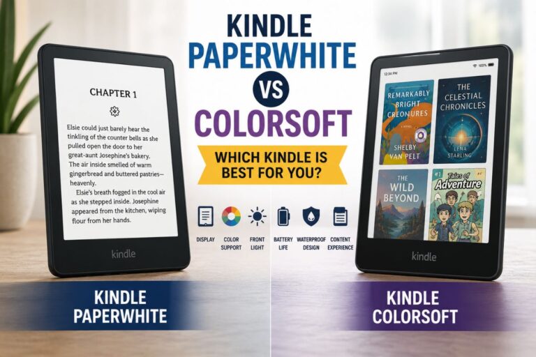 Kindle Paperwhite vs Colorsoft comparison feature image with two Kindle devices side by side.