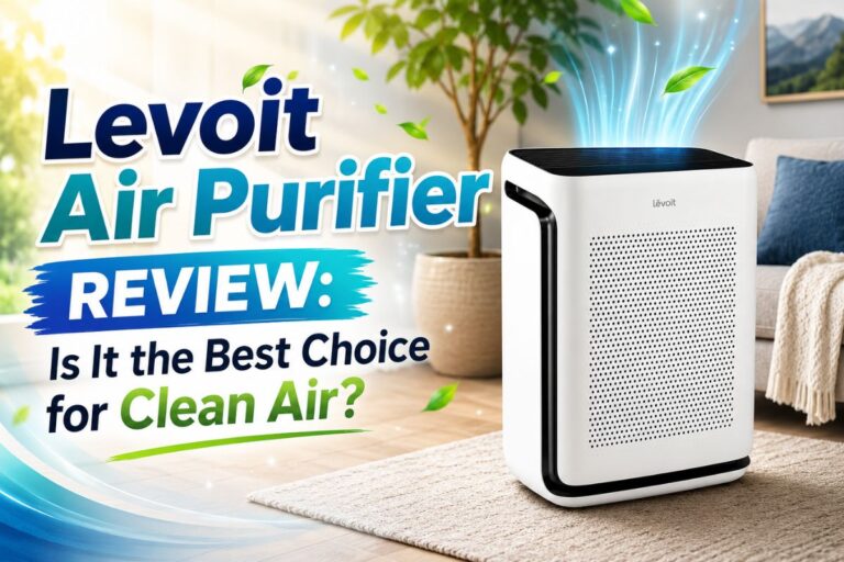 Levoit Air Purifier Review feature image showing a modern air purifier in a clean living room with stylish text and fresh air effects.