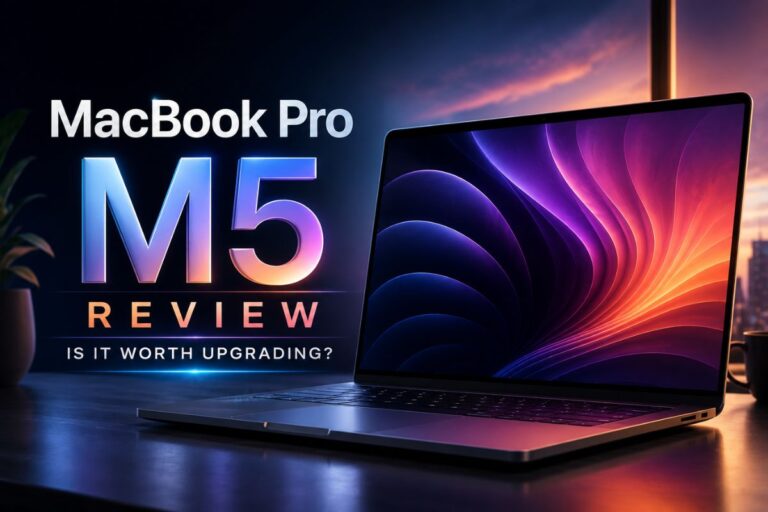 MacBook Pro M5 Review feature image with a sleek laptop, bold title text, premium lighting, and a colorful display in a modern workspace without any brand logo.