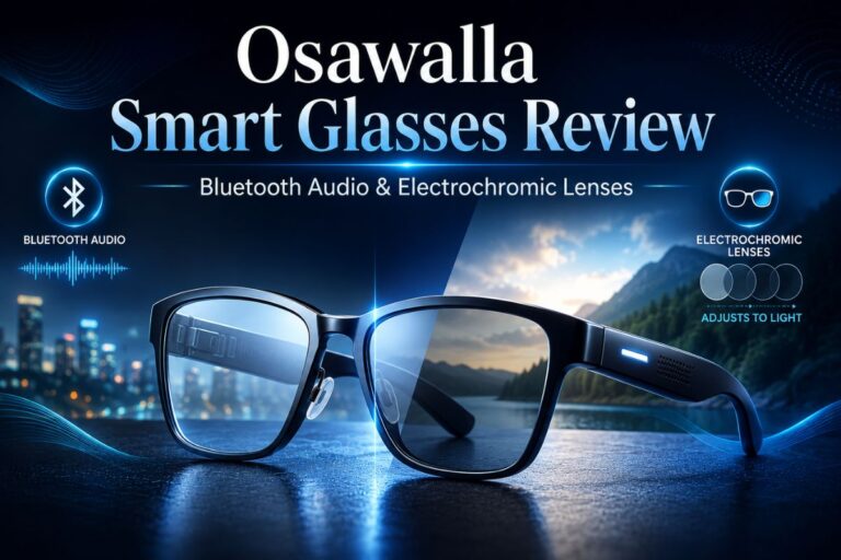 Osawalla Smart Glasses Review feature image showing premium Bluetooth audio smart glasses with electrochromic tint-changing lenses, futuristic blue lighting effects, and a modern technology-themed background.