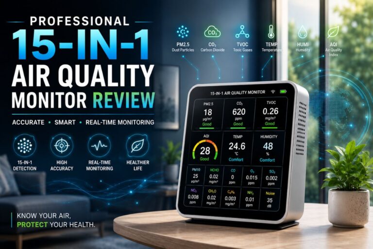 Professional 15-in-1 Air Quality Monitor review feature image showing a smart indoor air quality monitor displaying PM2.5, CO₂, TVOC, temperature, humidity, and AQI data on a modern digital screen in a stylish home environment. The design highlights accurate real-time monitoring, smart technology, and healthier indoor air.
