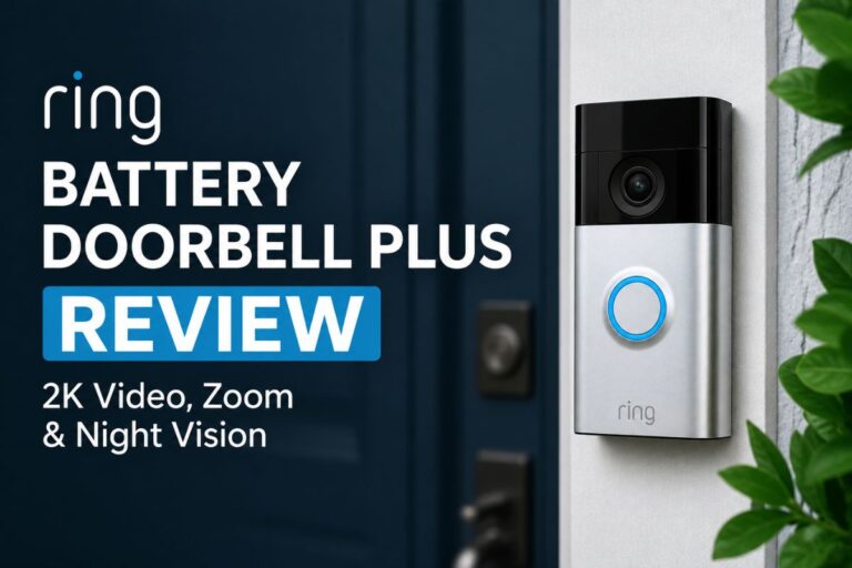 Ring Battery Doorbell Plus review feature image showing a smart video doorbell mounted beside a front door, highlighting 2K video quality, zoom capabilities, and night vision in a clean modern design.
